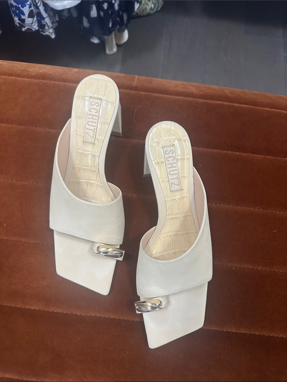 SCHUTZ Cream Mules with Gold Detail
